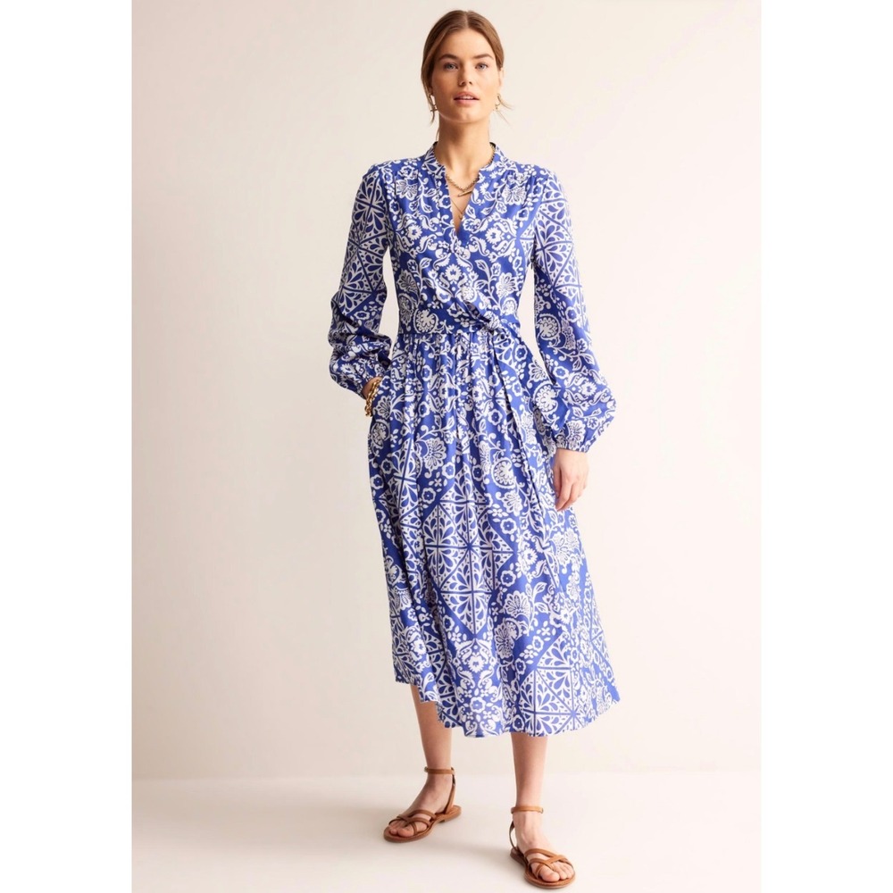 NWT Boden Jen Cotton Midi Dress US 6 Blue Tile Print Belted Coastal